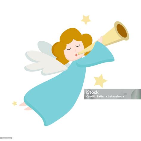 Christmas Angel With Wings Flies And Plays The Trumpet Vector Greeting ...