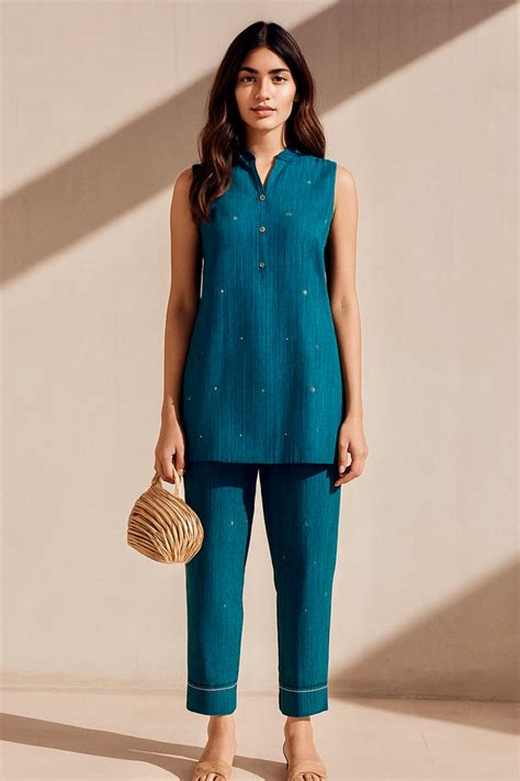 Teal Jacquard Sleeveless Co-ord Set – Saaki