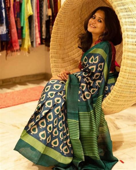 Green Block Printed Pure Silk Mark Certified Bishnupuri Silk Sarees ...