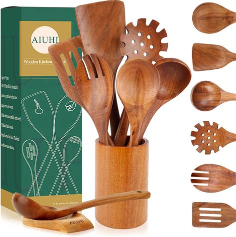 Amazon.com: AIUHI Wooden Kitchen Utensil Set, Wooden Spoons for Cooking ...