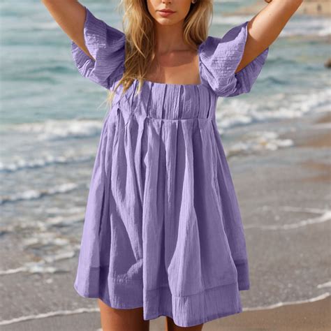 BLTIBY Women's Summer Casual Dress Puff Sleeve Front Pleated Bubble ...