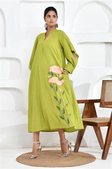 Lime Green Floral Embroidery Shirt Dress – thesaffronsaga