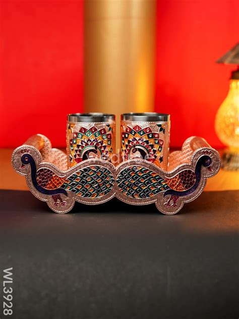 Meenakari Tray with Set of 2 Glass - Copper - WL3928 – Wedtree