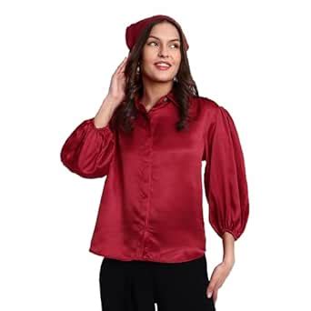 Buy ESSQUE Women's Solid Satin Bishop Sleeves Shirt with Matching Head ...