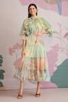 Buy Peach Organza Floral, Geometric Mandarin Collar Sakura Tiered Midi ...