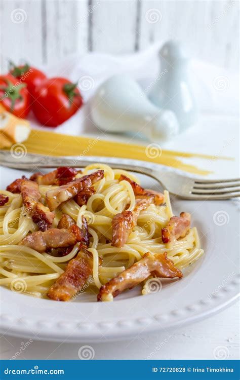 Spaghetti Carbonara with a Bacon Stock Photo - Image of delicious ...