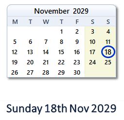 November 18, 2029 Calendar with Holiday info and Count Down - IND
