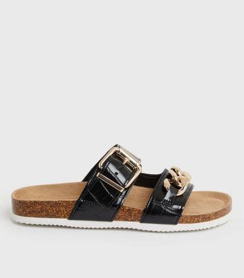 Black Faux Croc Chain Footbed Sliders | New Look