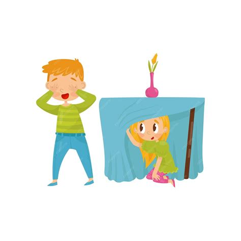 Bruder und Schwester spielen Versteckspiel Mädchen versteckt sich unter ...