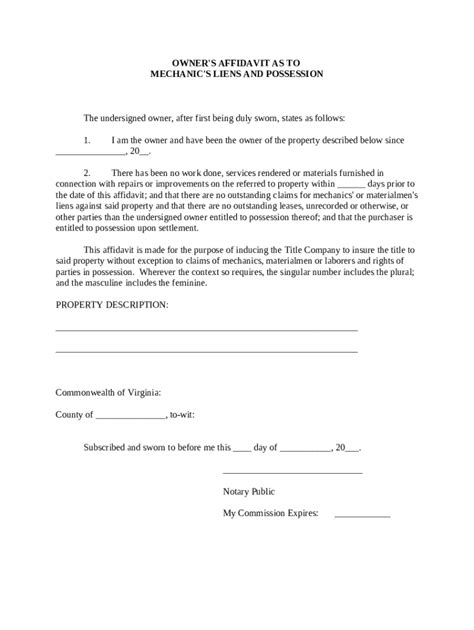 Owner's Affidavit as to Mechanic's Liens and Possession Doc Template ...