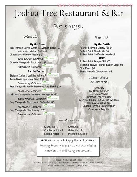 Menu at Joshua Tree Restaurant & Bar(Inside Oasis Inn & Suites ...