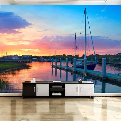 Peel and Stick Canvas Wallpaper Wall Mural Sunrise Docked Sailboat South Wall Art Self Adhesive ...