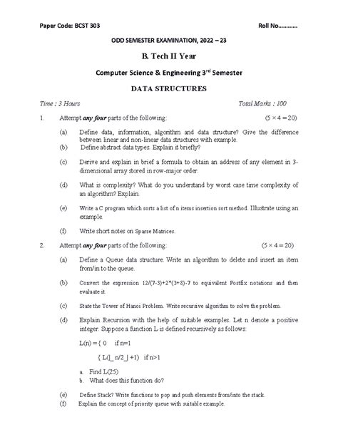 Dsa 22 23 - pyq - Paper Code: BCST 303 Roll No............ ODD SEMESTER ...