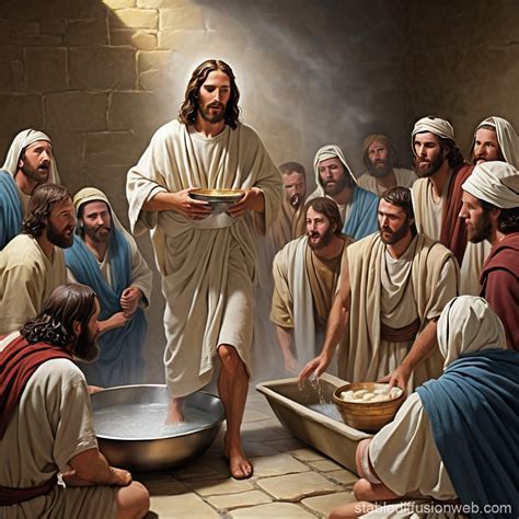 Jesus Washes Disciples' Feet at Passover Meal | Stable Diffusion Online