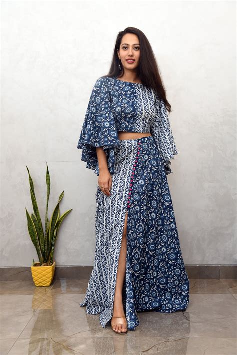 Buy Navy Printed Cotton Top and Skirt Set Online | Aaheli