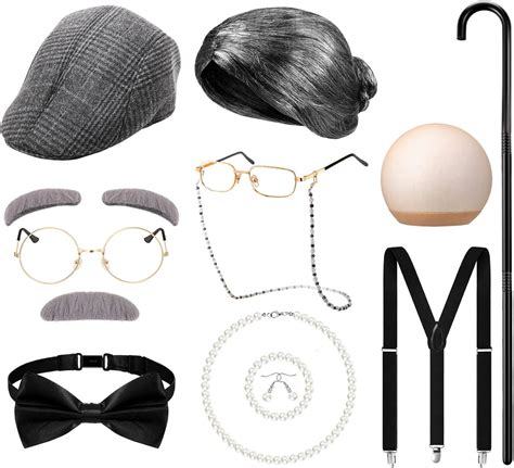 13 Pieces Old Man Old Lady Costume Set Includes Granny Wig Glasses ...