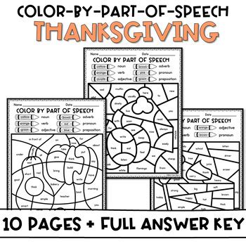 Thanksgiving Color by Parts of Speech | Grammar Color-by-code Worksheets