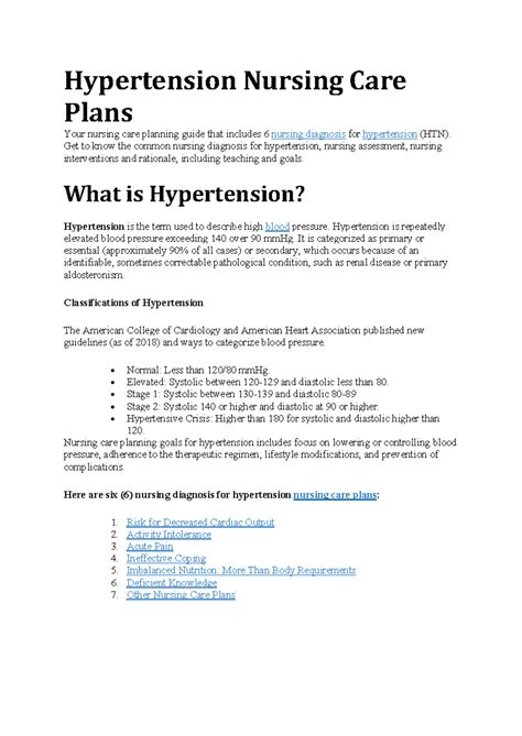 Hypertension Nursing Care Plans: Key Diagnoses & Interventions - Studocu