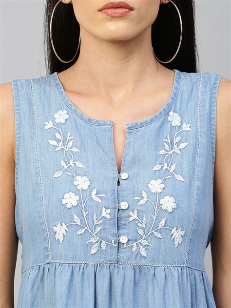 Buy Now Chemistry Light Weight Denim Tiered Dress With Embroidered Yoke