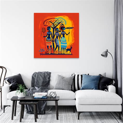 "Graceful Trio: Indian Warli Art Print of Three Women in Vector Style"