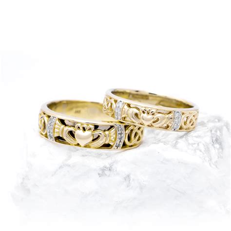 Ladies And Gents Gold Diamond Claddagh Celtic Knot Wedding Ring Set