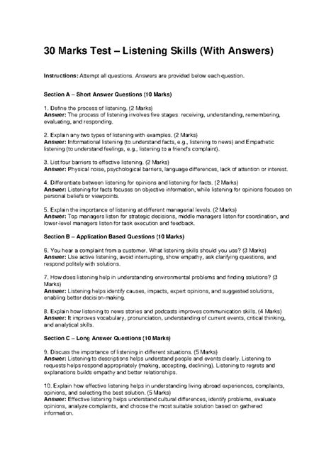 Listening Skills 30 Marks Test (With Answers) - Studocu