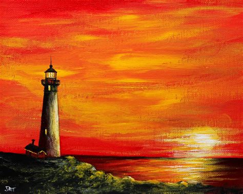 Lighthouse sunset original acrylic painting on 8" x10" canvas board, seascape painting, small ...