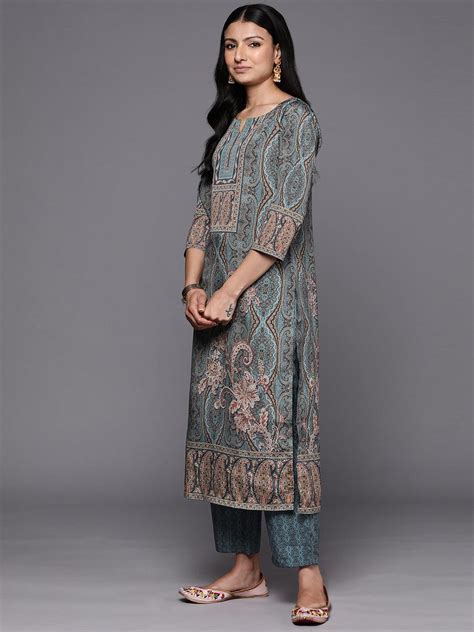 Buy Blue Printed Crepe Straight Kurta With Trousers & Dupatta Online at ...