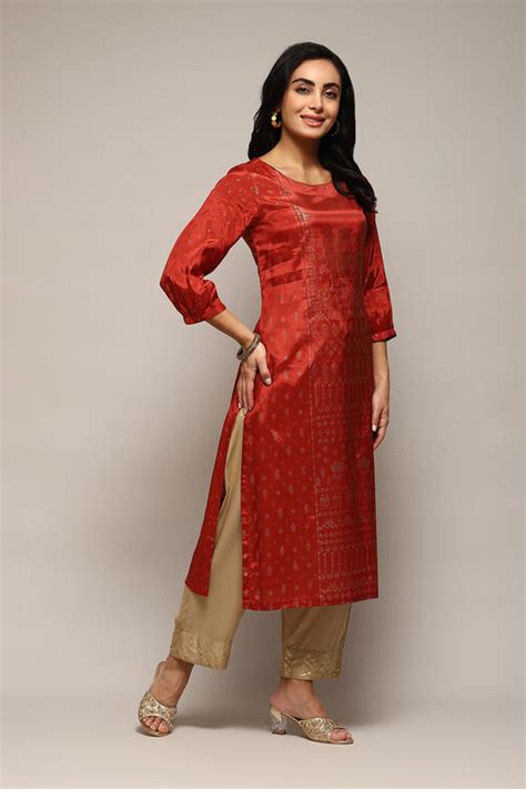 Rust Orange Viscose Straight Printed Kurta at Biba India