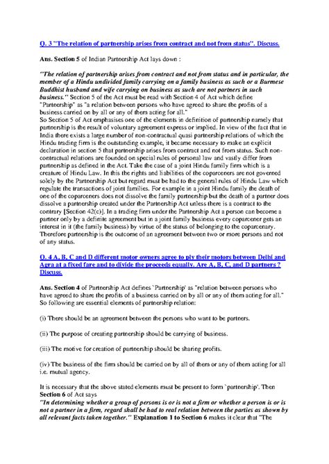 Part law pdf - Partnership notes - Q. 3 "The relation of partnership ...