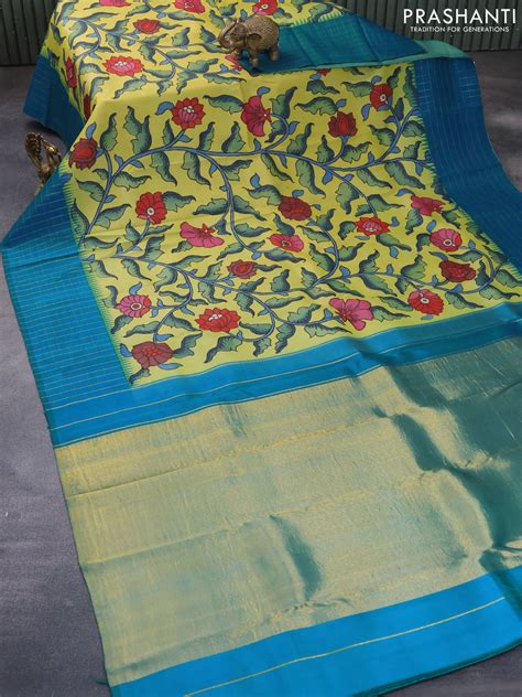 Pure kanchipuram silk saree lime yellow and cs blue with allover pen k ...