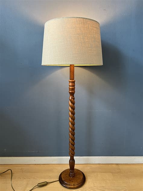 Vintage Hand-Carved Wooden Floor Lamp with Textile Shade, 1970s | #210146