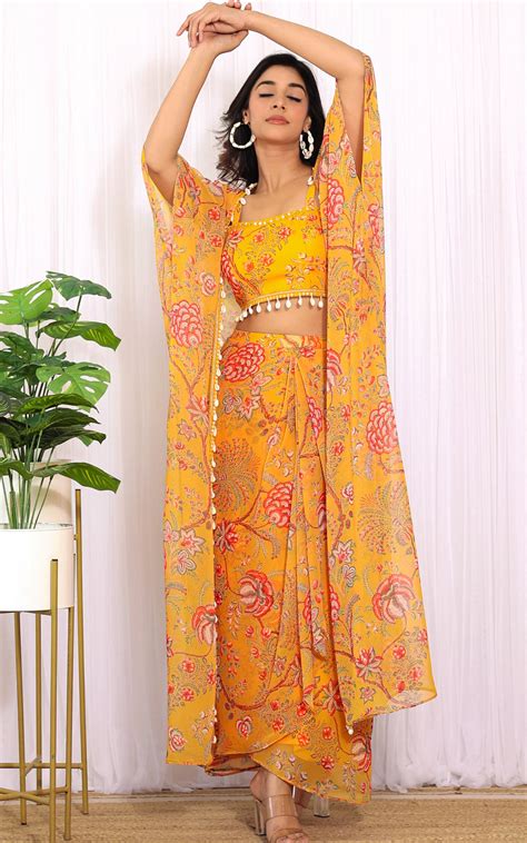 Niharika Mustard Floral Printed Georgette Crop Top & Draped Skirt Co-o