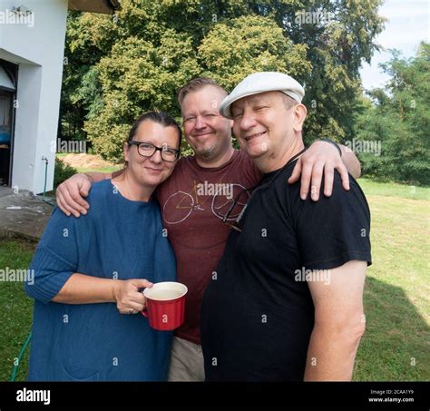 Polish father daughter arms around cup coffee smiling dad hi-res stock ...