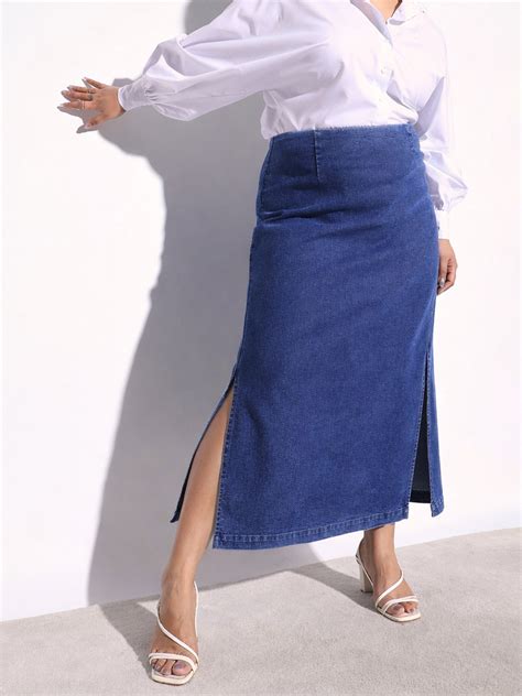 Buy Women Navy Denim Side Slit Midi Skirt Online at Best Price - Sassafras