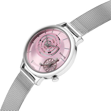 Buy Online Sonata Unveil Quartz Analog Pink Dial Stainless Steel Strap ...