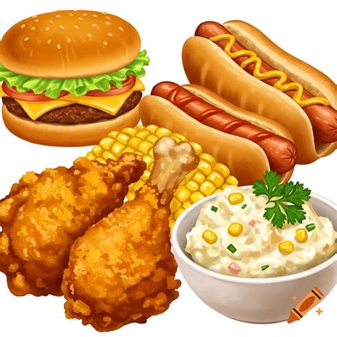 Burger, hot dogs, fried chicken, corn, and potato salad. on Craiyon