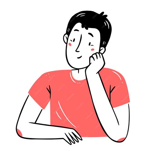 A smiling contented touched young man is sitting with his cheek propped ...