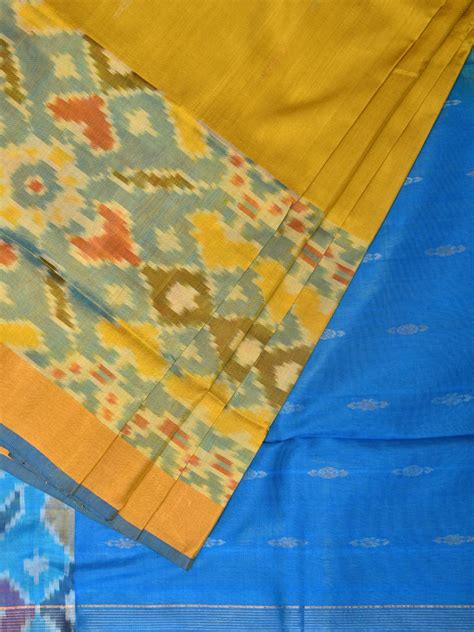 Yellow and Blue Uppada Silk Handloom Saree with Buta and Ikat Border D