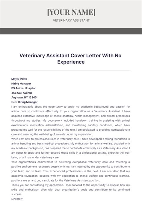 Free Veterinary Assistant Cover Letter With No Experience Template to ...