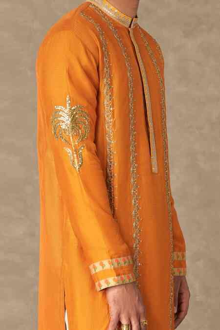 Buy Orange Crepe Silk Embroidery Dori Kalpataru Kurta For Men by Masaba ...