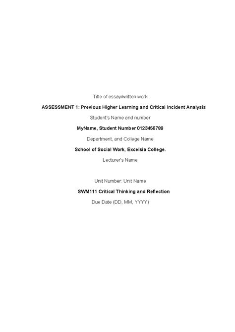 Dibya reflection - Title of essay/written work ASSESSMENT 1: Previous ...