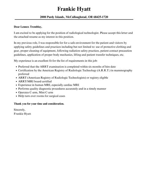 Radiological Technologist Cover Letter | Velvet Jobs