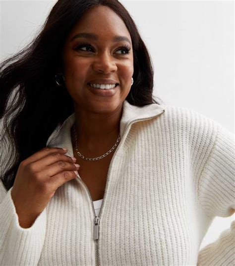 Curves Cream Ribbed Knit Zip Cardigan | New Look