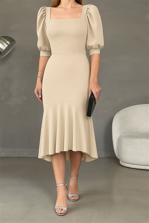 Beige Crepe Fabric Square Neck Balloon Sleeve Mermaid Midi Dress ...