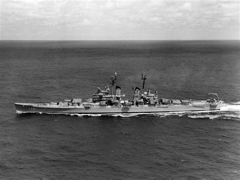 US Navy heavy cruiser USS Los Angeles (CA-135) underway, April 27, 1959 ...