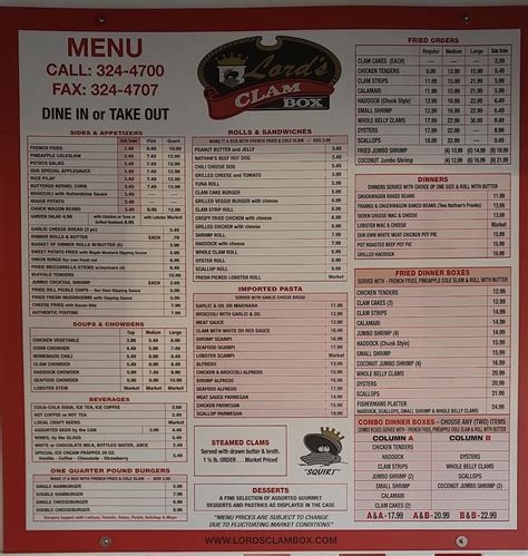 Lords Clam Box Menu: Seafood Delights in Sanford, ME