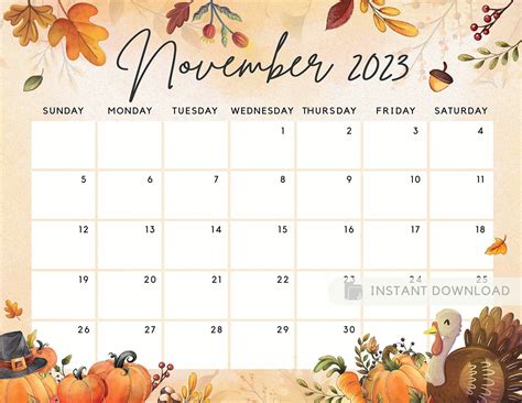 Editable november 2023 calendar thanksgiving day printable calendar w ...