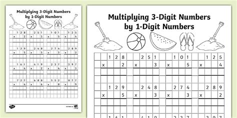 Summer-Themed Multiplying 3-Digit by 1-Digit Activity Sheet