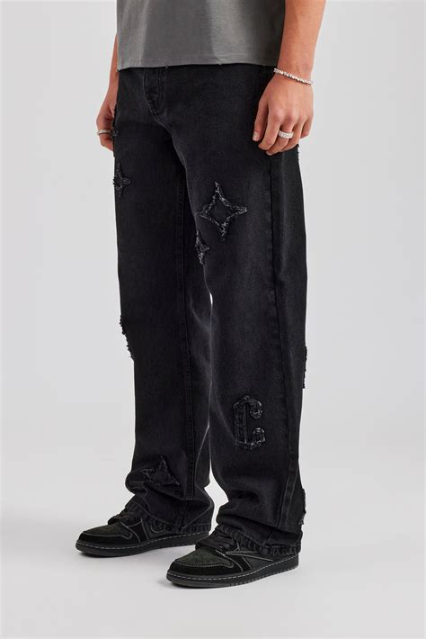 Mens Relaxed Fit Applique Denim Jean - Washed Black | Mens Denim | Shop ...